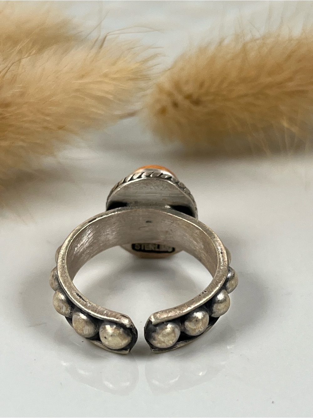 Solid Sterling Silver Orange Spiny Oyster Shell Ring Adjustable Size 6.5 - Picture 4 of 10